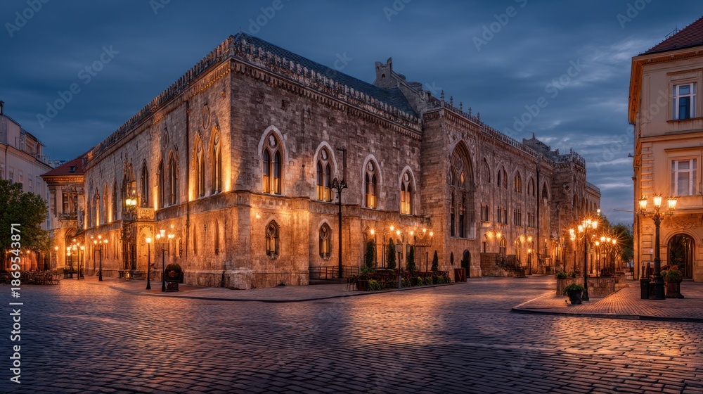 Obraz premium Old stone building illuminated at blue hour. European street with historic architecture and warm lantern light for travel brochure. Empty night city.