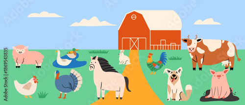 Farm cartoon scene with different animals. Landscape with farmyard panorama. Vector llustration with barn, domestic birds, dog, pig and various characer. 