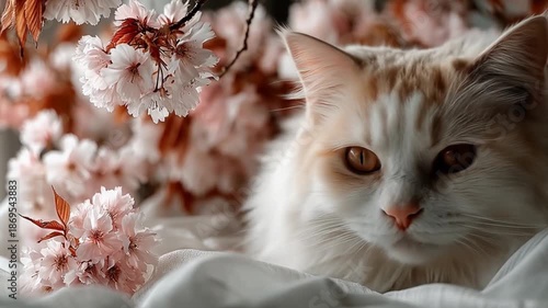 Cat close up with white and orange fur and blooming cherry blossom flowers
