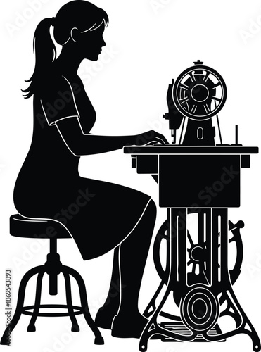 Silhouette of a young woman sewing on a vintage treadle sewing machine, seamstress working in atelier, tailor workshop, craft and hobby illustration.