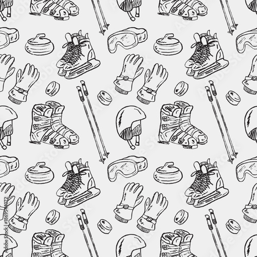 Hand drawn winter sports seamless pattern with ice skates, ski boots, poles, gloves, hockey pucks, curling stone,helmet, and goggles. Vector sketch illustration in vintage crayon charcoal style