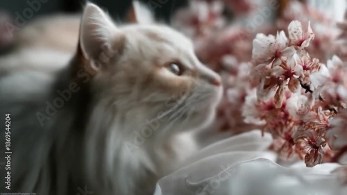 Cat close up with flowers fluffy fur natural light elegant composition