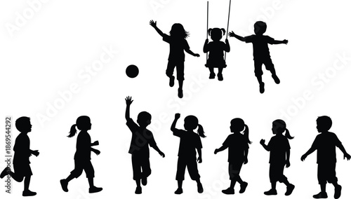 kids playing and having fun outside silhouette on white background
