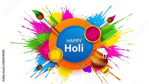 Vibrant holi celebration with colorful paint splatters and pichkari