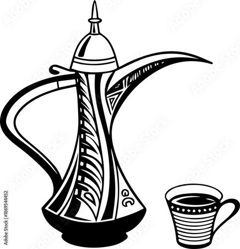 Arabic Coffee Dallah and Cup Silhouette, Traditional Islamic Hospitality Vector