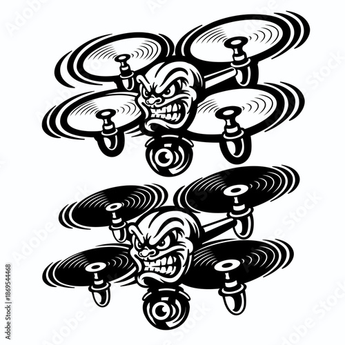 Angry Character Drone Quadcopter with Camera. Monochrome Vector Illustration.