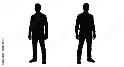 Two men standing facing forward a stark black silhouette