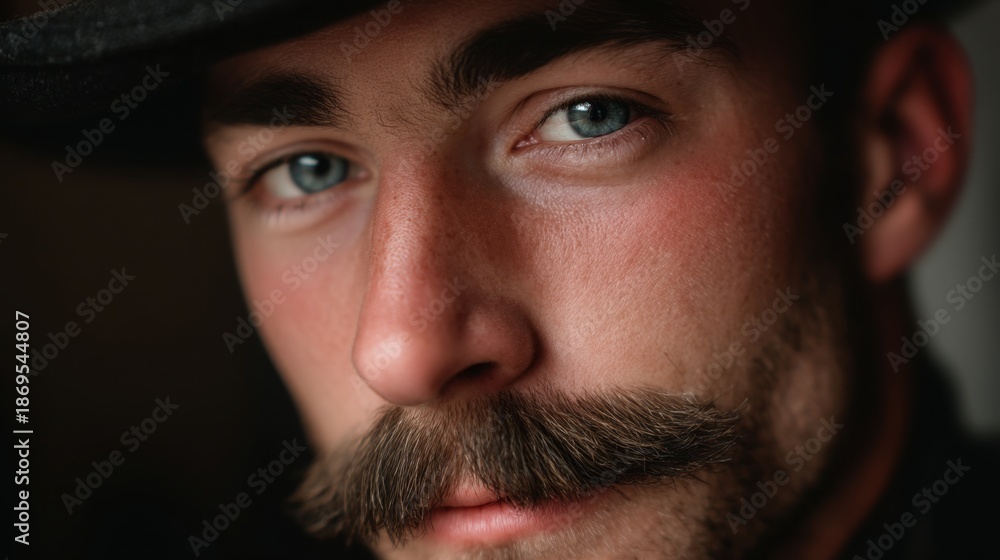 Obraz premium Close up portrait of man with blue eyes and mustache wearing hat. Focus on his face and intense gaze. Expression of concentration.