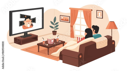 This flat design illustration captures a couple's intimate movie night at home, symbolizing relaxation and shared moments on Valentine's Day. The scene uses simple shapes and a comforting color palett