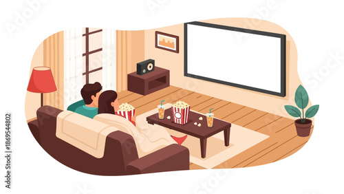 This flat design illustration captures a couple's intimate movie night at home, symbolizing relaxation and shared moments on Valentine's Day. The scene uses simple shapes and a comforting color palett