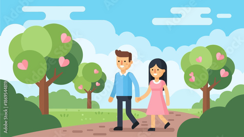 A beautiful flat design illustration showing a couple happily walking hand-in-hand in a park, representing love and companionship. The artwork features a minimalist, fresh aesthetic with natural color