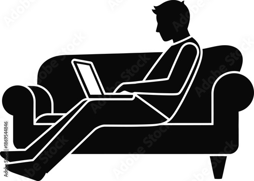 person working on laptop from couch silhouette on white background