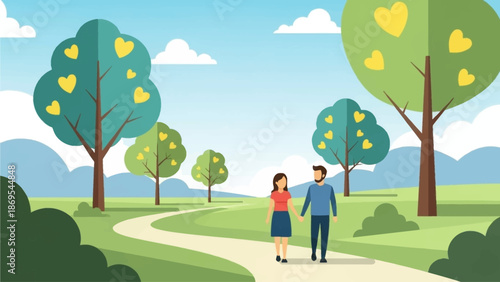 A beautiful flat design illustration showing a couple happily walking hand-in-hand in a park, representing love and companionship. The artwork features a minimalist, fresh aesthetic with natural color