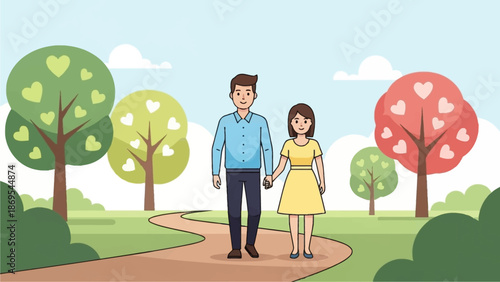 A beautiful flat design illustration showing a couple happily walking hand-in-hand in a park, representing love and companionship. The artwork features a minimalist, fresh aesthetic with natural color