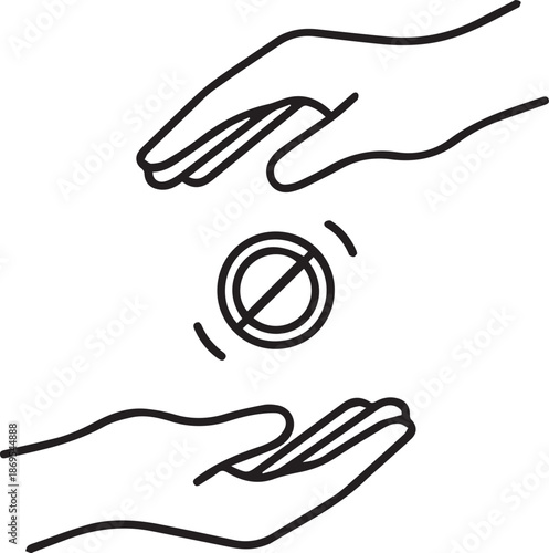 A minimalist line drawing showing two hands with a "prohibited" or "no" symbol between them, representing a rejected transaction, a forbidden exchange, or a stop to giving and receiving.