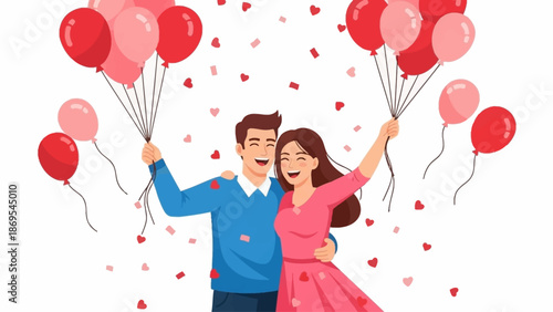 A vibrant flat design illustration capturing a couple's joyful celebration with balloons and confetti, perfect for symbolizing the excitement of Valentine's Day. 