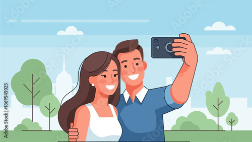 This modern flat design illustration depicts a couple happily taking a selfie, capturing a memorable moment of their Valentine's Day celebration. The artwork features a clean, contemporary style.