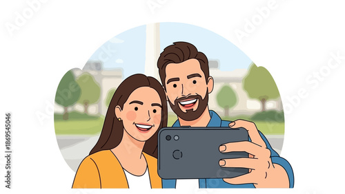 This modern flat design illustration depicts a couple happily taking a selfie, capturing a memorable moment of their Valentine's Day celebration. The artwork features a clean, contemporary style.
