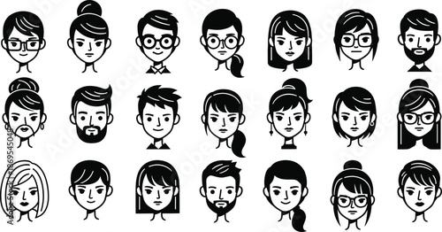 Black and white cartoon faces of men and women avatars