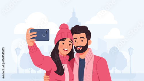 This modern flat design illustration depicts a couple happily taking a selfie, capturing a memorable moment of their Valentine's Day celebration. The artwork features a clean, contemporary style.