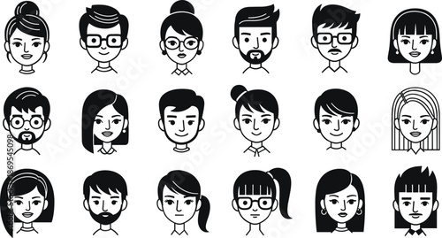 Black and white cartoon faces of men and women people