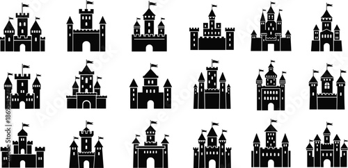 Black and white castle silhouettes castles flags towers