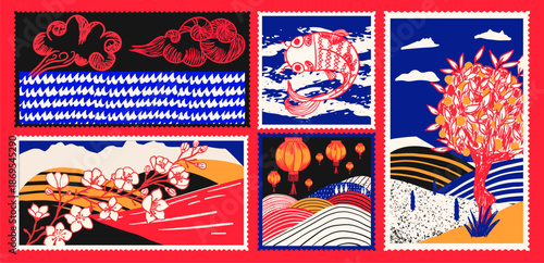 Artistic Lunar New Year and Spring Festival doodle illustration. Set of traditional Asian postage stamps.Hand-drawn cards wih koi fish and red lanterns, cherry blossoms  and scenic landscapes.