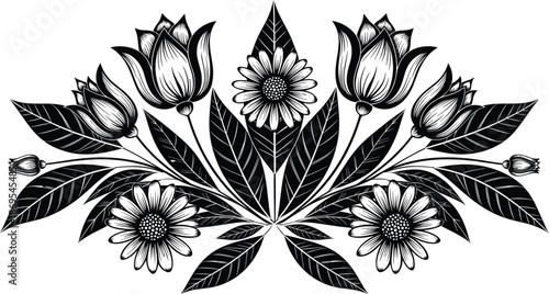 Black and white floral arrangement with lotus flowers and daisies
