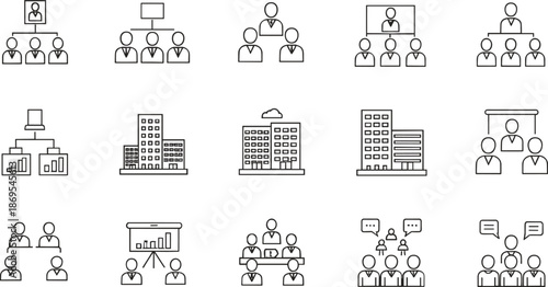 Black and white line of business people and buildings line black and white office