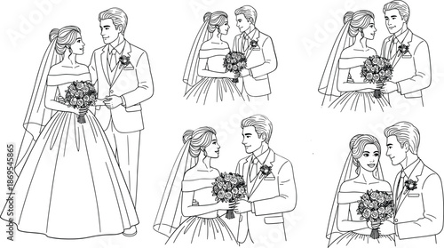 Black and white line of wedding couples in various poses bride groom line black and white