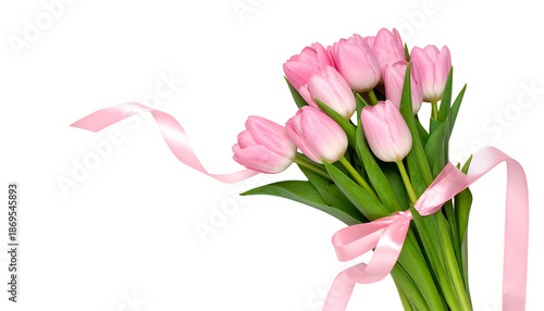 Wallpaper Mural A bouquet of pale pink tulips tied with a matching ribbon against a black background. Leaves are green Torontodigital.ca