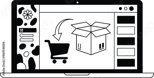 Black and white of laptop screen with shopping cart and open box computer