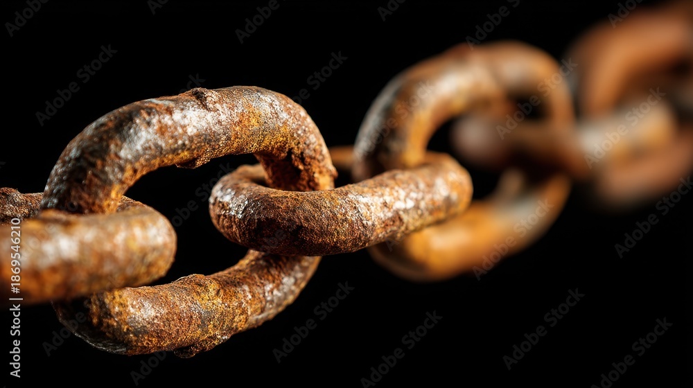 Fototapeta premium Rusty metal chain section shows degradation and strength. Concept of old, strong connections or deterioration, suitable for industrial backgrounds.