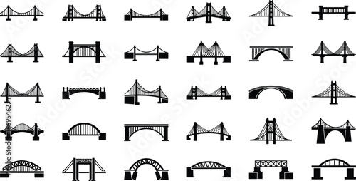 Black and white silhouettes of various bridge suspension bridge arch bridge