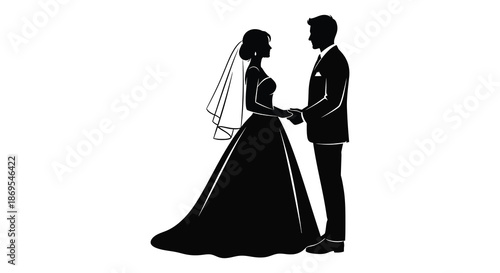 A newlywed couple standing close holding hands in a romantic pose silhouette