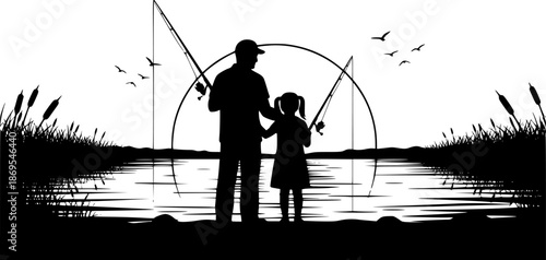 Father Daughter Fishing Silhouette – Black Vector Illustration, Family Bonding, Father and Daughter, Fishing Together, Teamwork, Outdoor Activity, Nature Connection, Minimal Clipart, Editable Vector D
