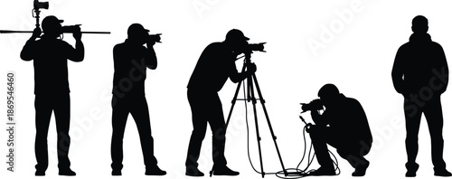 Black silhouettes of professional photographers and videographers standing and crouching with cameras and tripods isolated on white background vector illustration