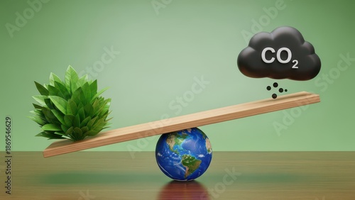 Seesaw globe balancing co2 cloud and green plant leaves