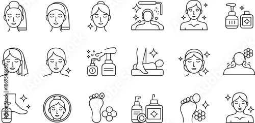 Black line of people faces and body parts with beauty and hygiene products line beauty