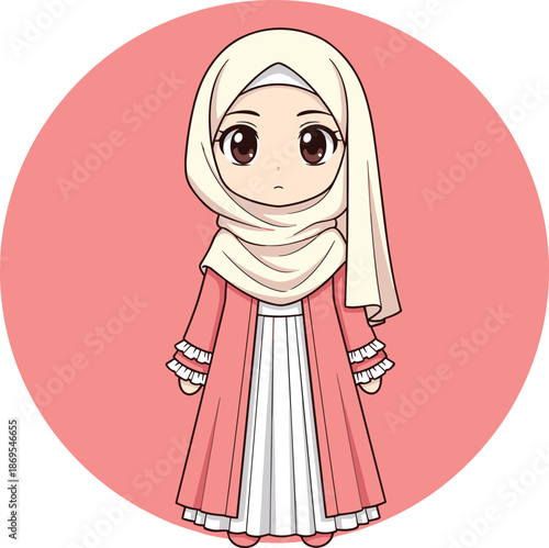 Cartoon girl in hijab vector illustration, modest fashion and soft pink background for cultural, educational, and identity-themed designs