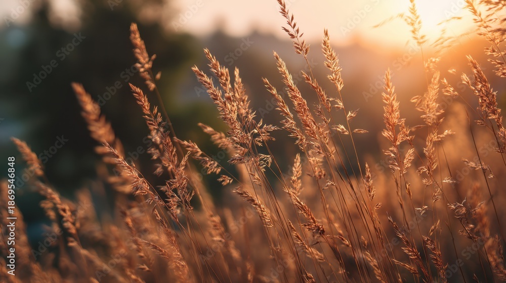 Obraz premium Delicate golden grass in a field at sunset, a tranquil scene for nature-inspired design and background. Autumn harvest season.