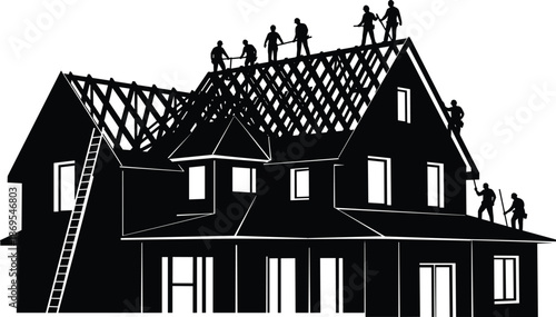 House construction silhouette with workers building roof framing and exterior renovation project in black vector illustration residential home architecture development scene
