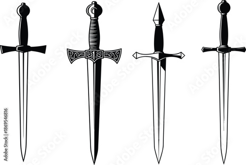 Medieval dagger and sword silhouette collection featuring ornate fantasy blade designs in black vector illustration set for historical weapon artwork
