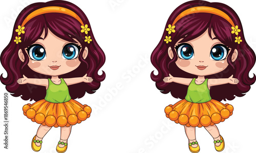 Cute anime girl character illustration with long purple hair wearing orange skirt and green top, adorable big eyed female cartoon vector for stickers