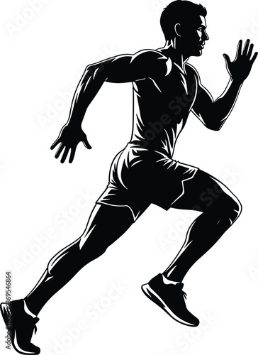 Running athlete silhouette illustration showing muscular male sprinter in dynamic motion black vector fitness sports training design performance speed action