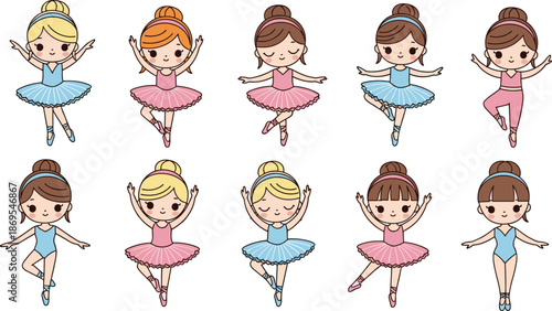 Cute ballerina girl character bundle set featuring various ballet poses in pink and blue tutus, adorable little dancer vector illustration for kids stickers