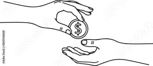A minimalist black and white line drawing of one hand passing a dollar coin to another hand, representing a financial transaction, payment, donation, or investment.