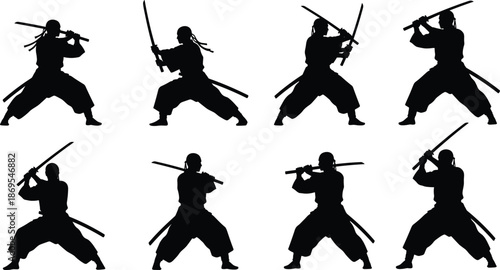 Samurai warrior silhouette set featuring traditional katana sword fighting stances in dynamic martial arts poses black vector illustration