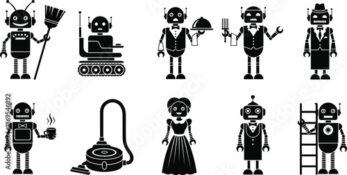Service robots icons set, artificial intelligence workforce concept, cleaning cooking waiter construction robots, smart automation, black white vector illustration