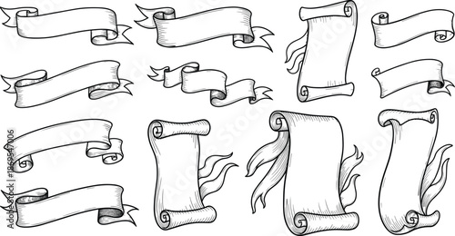 Vintage ribbon banner and scroll collection with hand drawn engraving style, decorative labels set, black and white vector illustration isolated background